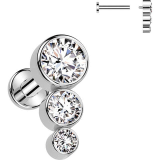 Titanium Labret 3 Zirconia Flat Silver Internally Threaded