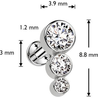 Titanium Labret 3 Zirconia Flat Silver Internally Threaded