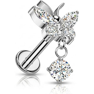 Titanium Labret butterfly dangle zirconia Internally Threaded