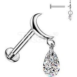 Titanium Labret moon teardrop cubic zirconia dangle Internally Threaded