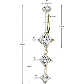Titanium Belly Button Piercing descending triple diamond cubic zirconia dangle Internally Threaded