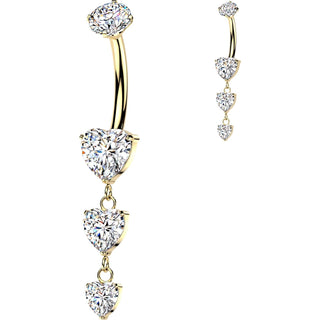 Titanium Belly Button Piercing triple descending heart cubic zirconia dangle Internally Threaded