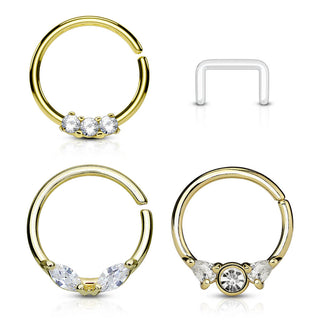 Septum Piercing Set Retainer Ring Zirconia Gold Bendable, 3  pieces
