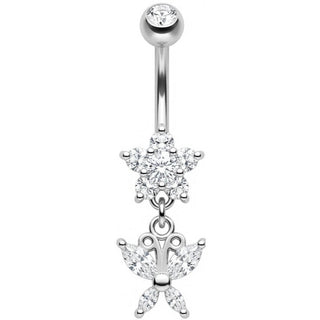 Piercing Nombril Fleur Cristal Pendentif Papillon