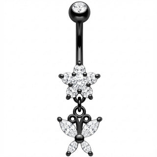 Piercing Nombril Fleur Cristal Pendentif Papillon
