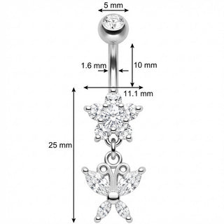 Piercing Nombril Fleur Cristal Pendentif Papillon
