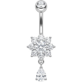 Piercing Nombril Fleur Cristal et Pendentif Goutte
