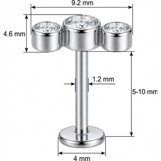 Titane Labret Arc Trio Cristaux Sertis Filetage Interne