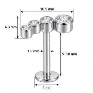 Titane Labret Arc Courbé Quatre Cristaux Filetage Interne