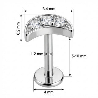 Titane Labret Arc Courbé Trois Cristaux Filetage Interne