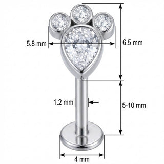 Titane Labret Empreinte de Patte en Cristal Filetage Interne