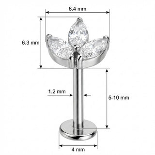 Titane Labret Trio Cristaux Marquise Floral Filetage Interne