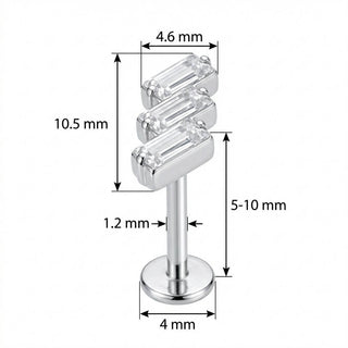 Titane Labret Trio Cristaux Baguette Diagonale Filetage Interne