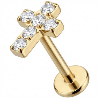 Titane Labret Croix Pavée de Cristaux Filetage Interne