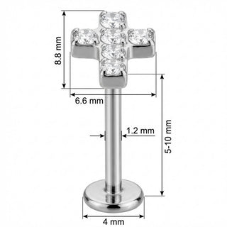 Titane Labret Croix Pavée de Cristaux Filetage Interne