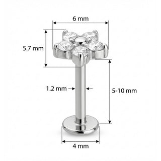 Titane Labret Fleur en Cristaux Clairs Filetage Interne