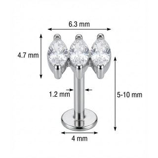 Titane Labret Cluster Trio Cristaux Marquise Filetage Interne