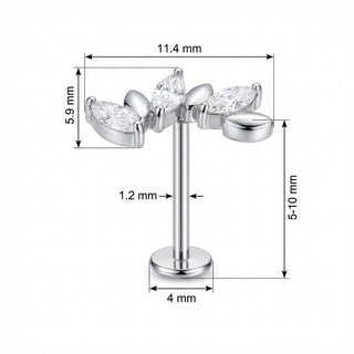 Titane Labret Rameau Vigne Cristal et Feuilles Filetage Interne