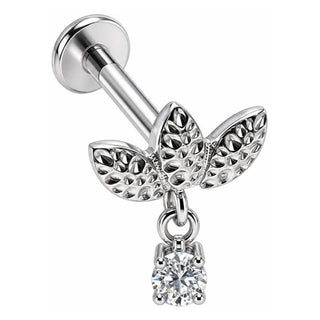 Titanium Labret Textured Leaves Crystal Dangle Internally Threaded