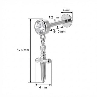 Titane Labret Pendentif Poignard et Cristal Clair Filetage Interne