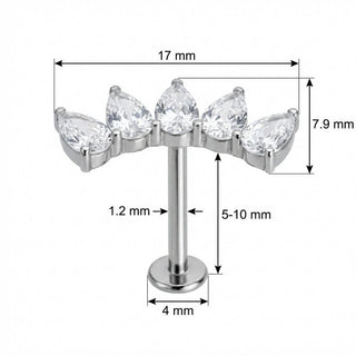 Titane Labret Arc Courbé Cinq Cristaux Poire Filetage Interne