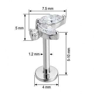 Titane Labret Cluster Feuilles Marquise Cristal Filetage Interne