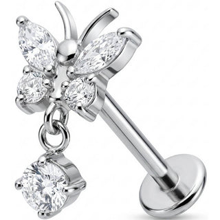 Titane Labret Papillon Scintillant avec Pendentif Filetage Interne