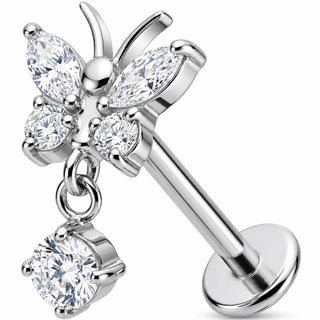 Titanium Labret Butterfly With Dangle Zirconia Internally Threaded