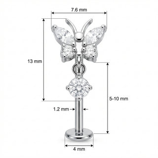 Titane Labret Papillon Scintillant avec Pendentif Filetage Interne