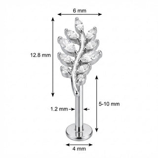 Titane Labret Branche Fougère Courbée Cristaux Filetage Interne