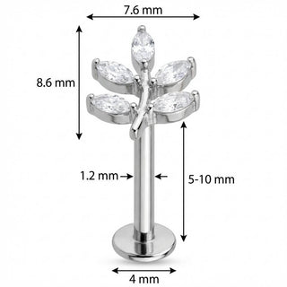 Titane Labret Branche Feuilles Cristal Marquise Filetage Interne