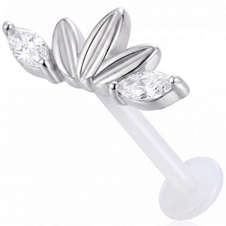 Titanium Labret Floral Fan With Clear Stones Internally Threaded