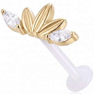 Titanium Labret Floral Fan With Clear Stones Internally Threaded