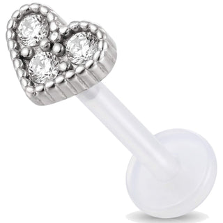 Titanium Labret Heart With Three Stones Internally Threaded