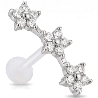 Titanium Labret Three Flower Curve With Stones Internally Threaded