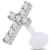Titanium Labret Cross With Clear Stones Internally Threaded