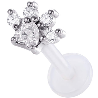Titanium Labret Paw Print With Stones Internally Threaded